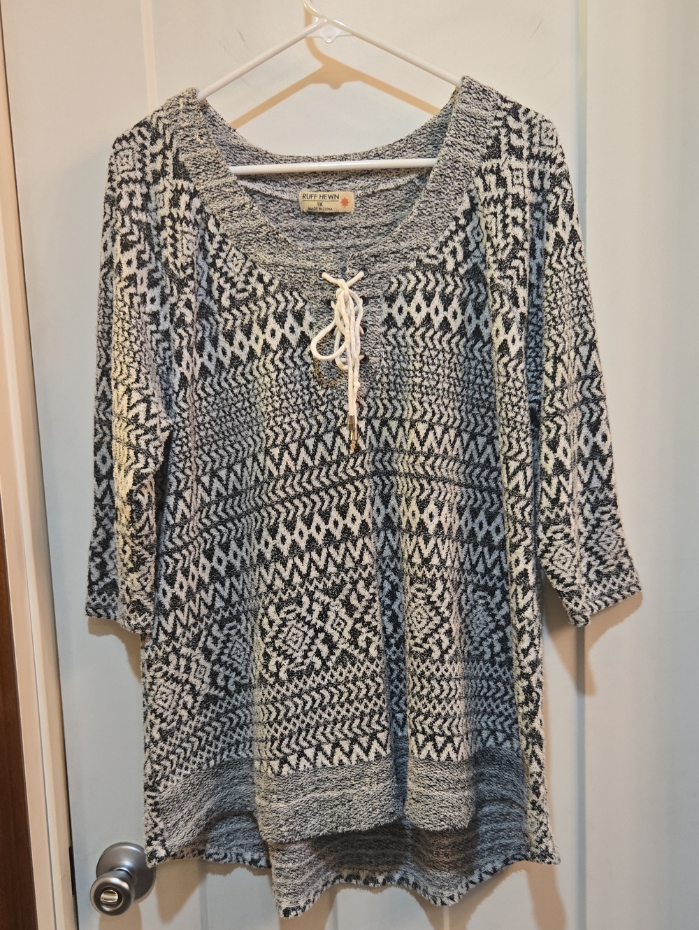 Ruff Hewn Womens Black & White Geometric Lace-Up Tunic Size 1X